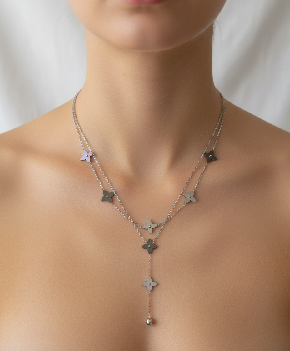 Floral Drop Necklace – 18K White Gold Plated - Silver Tone