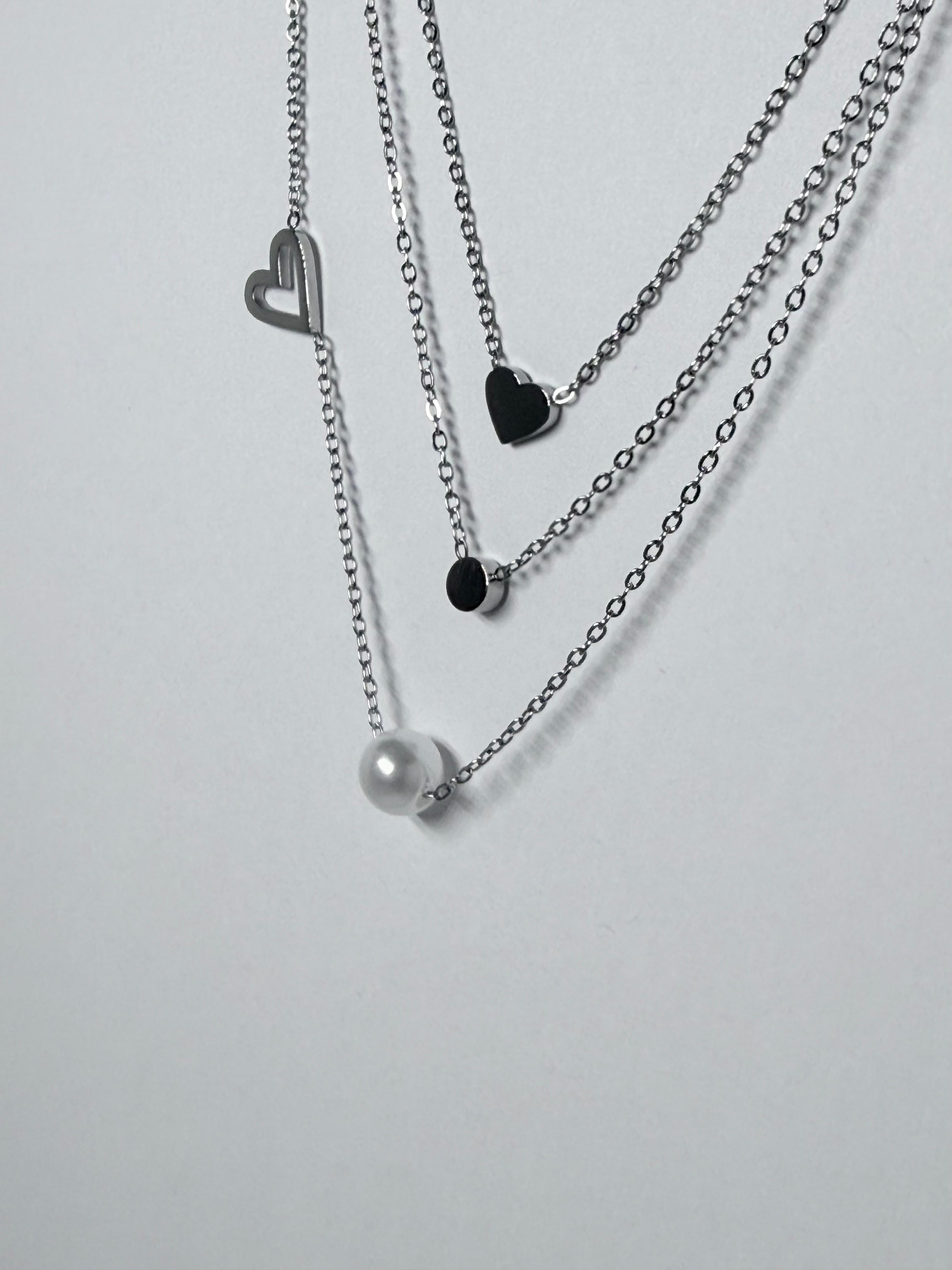 Three-Layer Heart & Pearl Necklace – 14K White Gold Plated