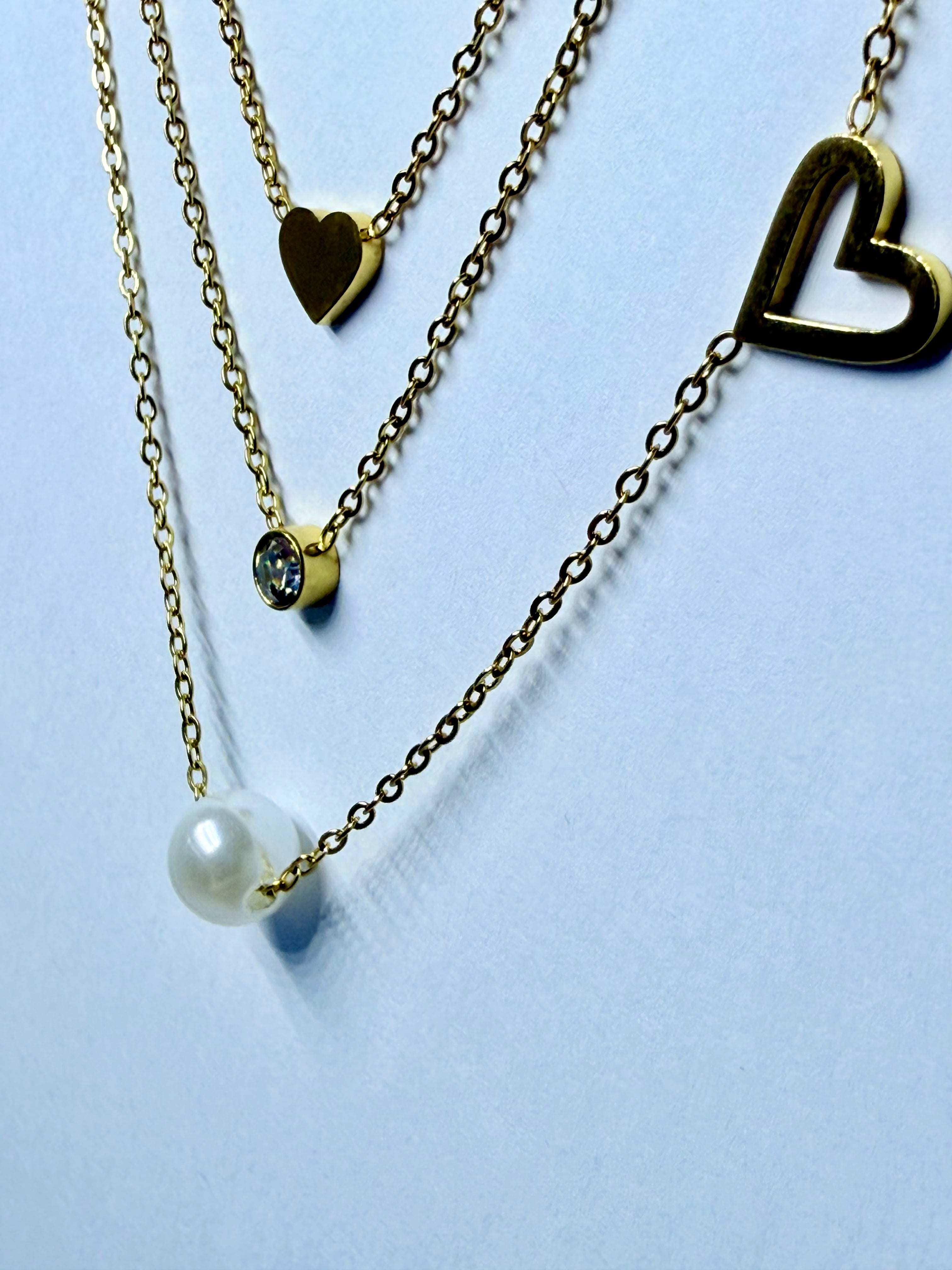 Three-Layer Heart & Pearl Necklace – 14K Gold Plated