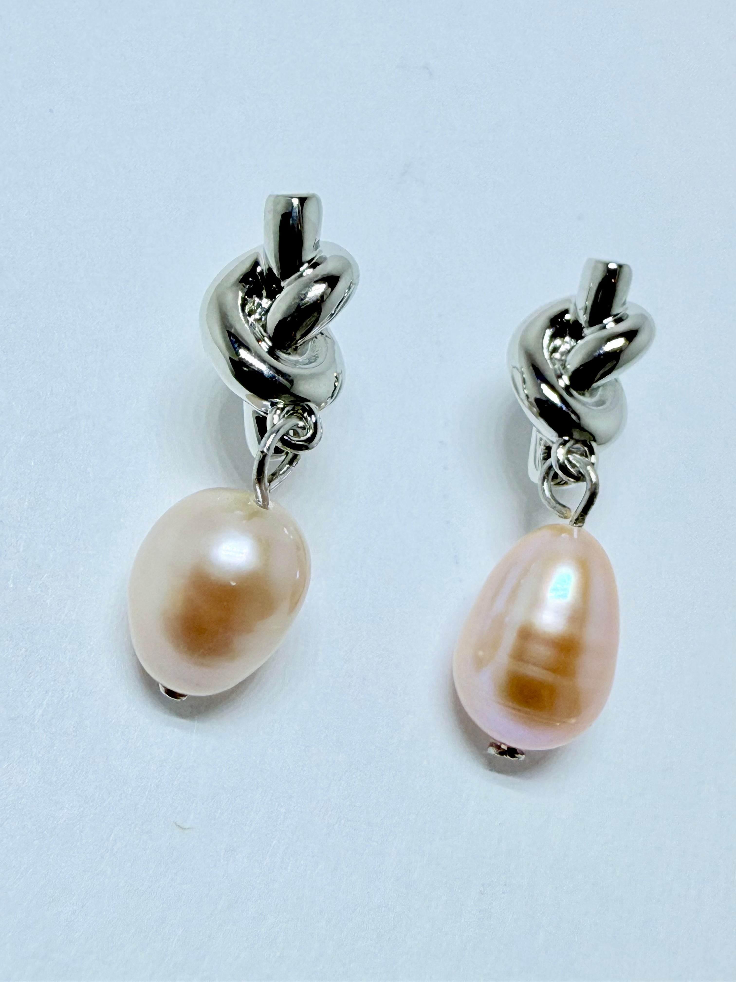 Knot Pearl Drop Earrings – 18K White Gold Plated Sterling Silver