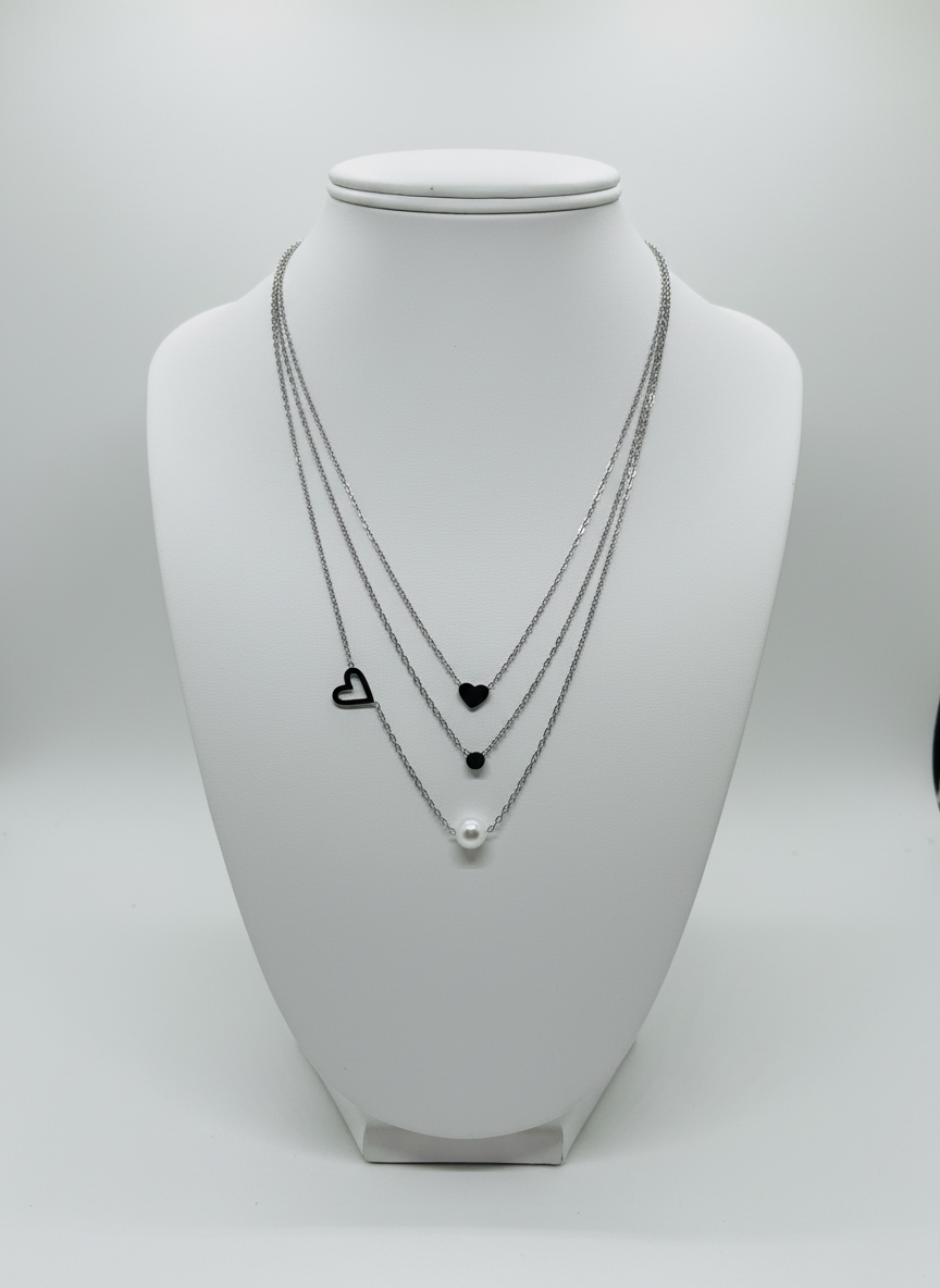 Three-Layer Heart & Pearl Necklace – 14K White Gold Plated