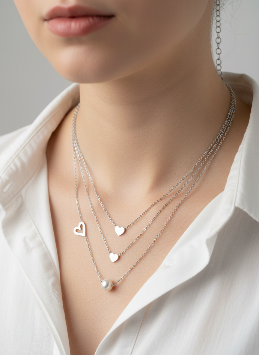 Three-Layer Heart & Pearl Necklace – 14K White Gold Plated