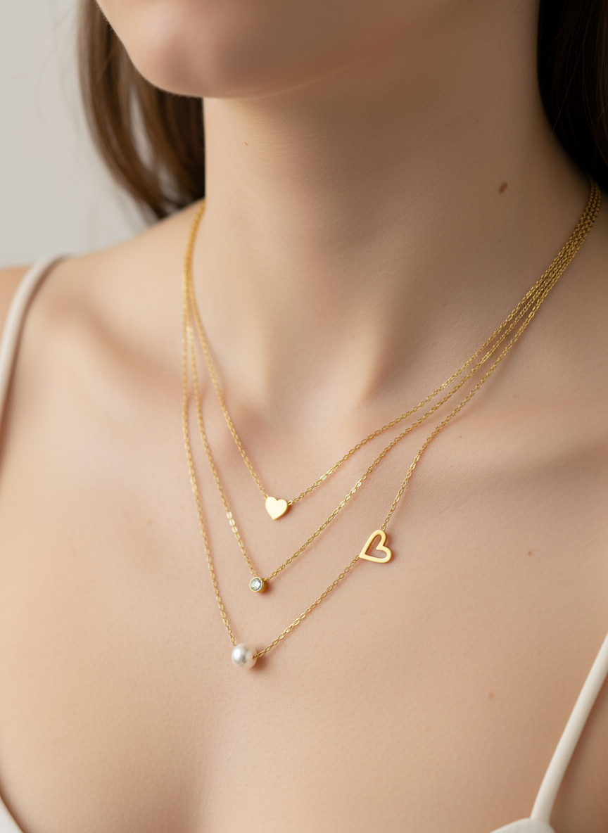 Three-Layer Heart & Pearl Necklace – 14K Gold Plated