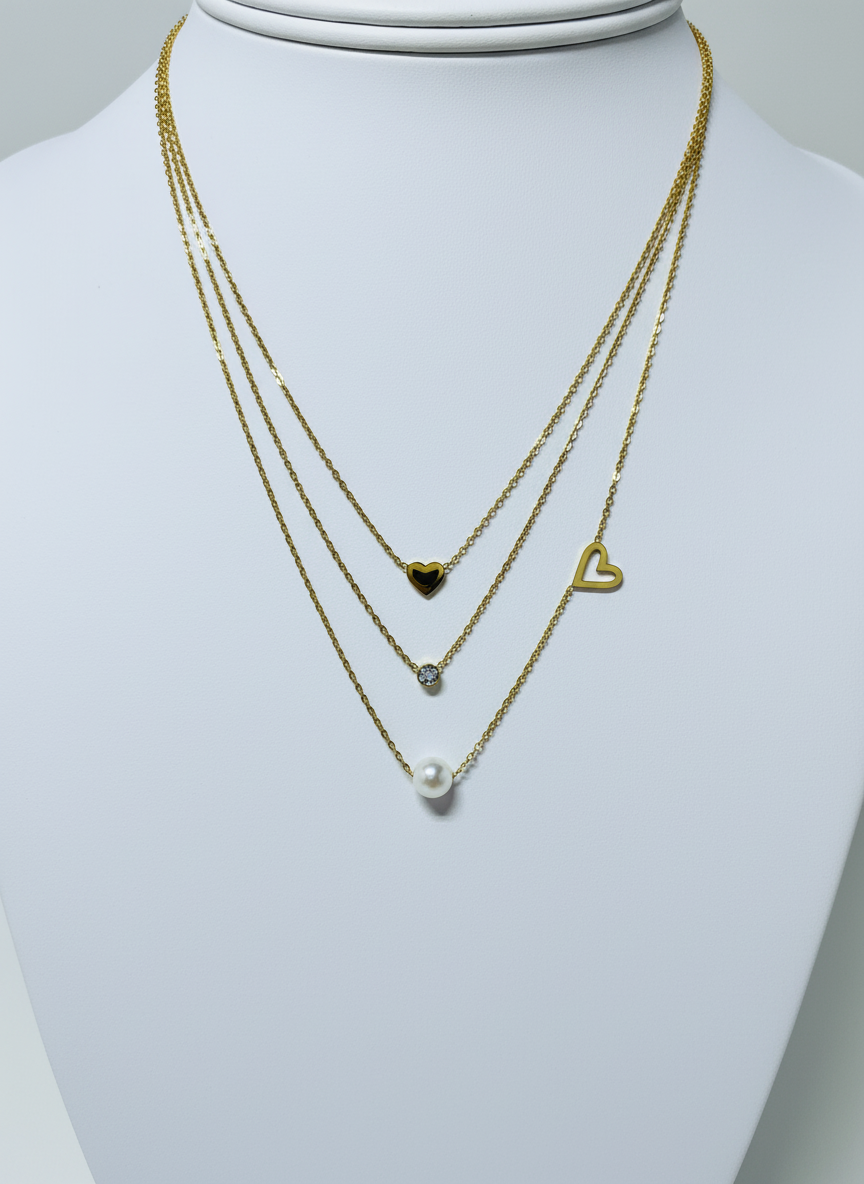 Three-Layer Heart & Pearl Necklace – 14K Gold Plated